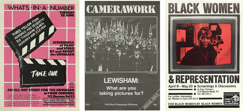 Three images of things in Four Corners' archive; two old event posters and an issue of Camerawork magazine.