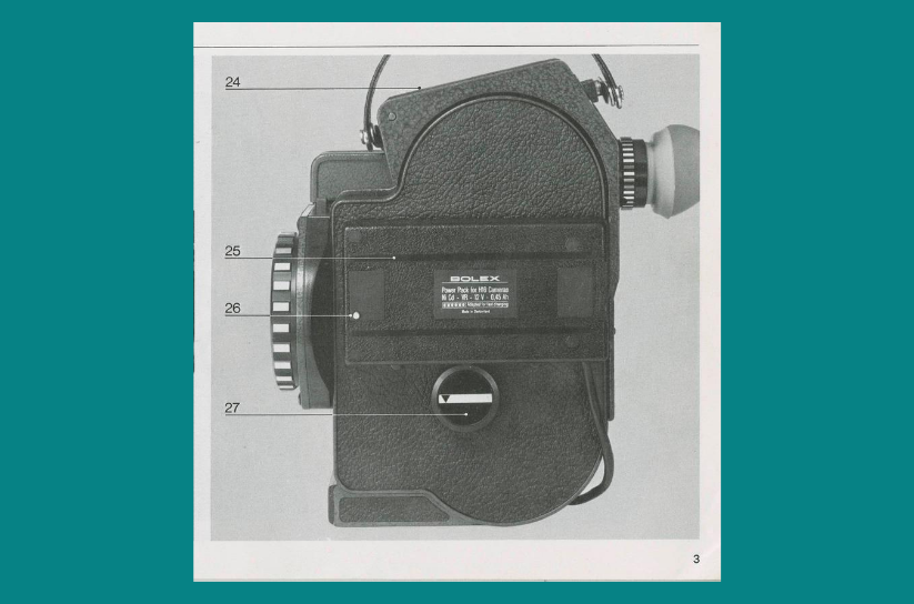 Black and white photograph of a Bolex 16mm camera from the side. The photo is surrounded by a teal border.