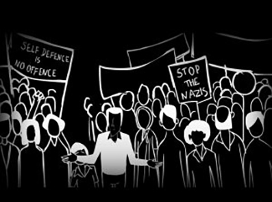 Screen shot from the film Remembering Altab Ali. A black and white drawing of protesters holding banners. 