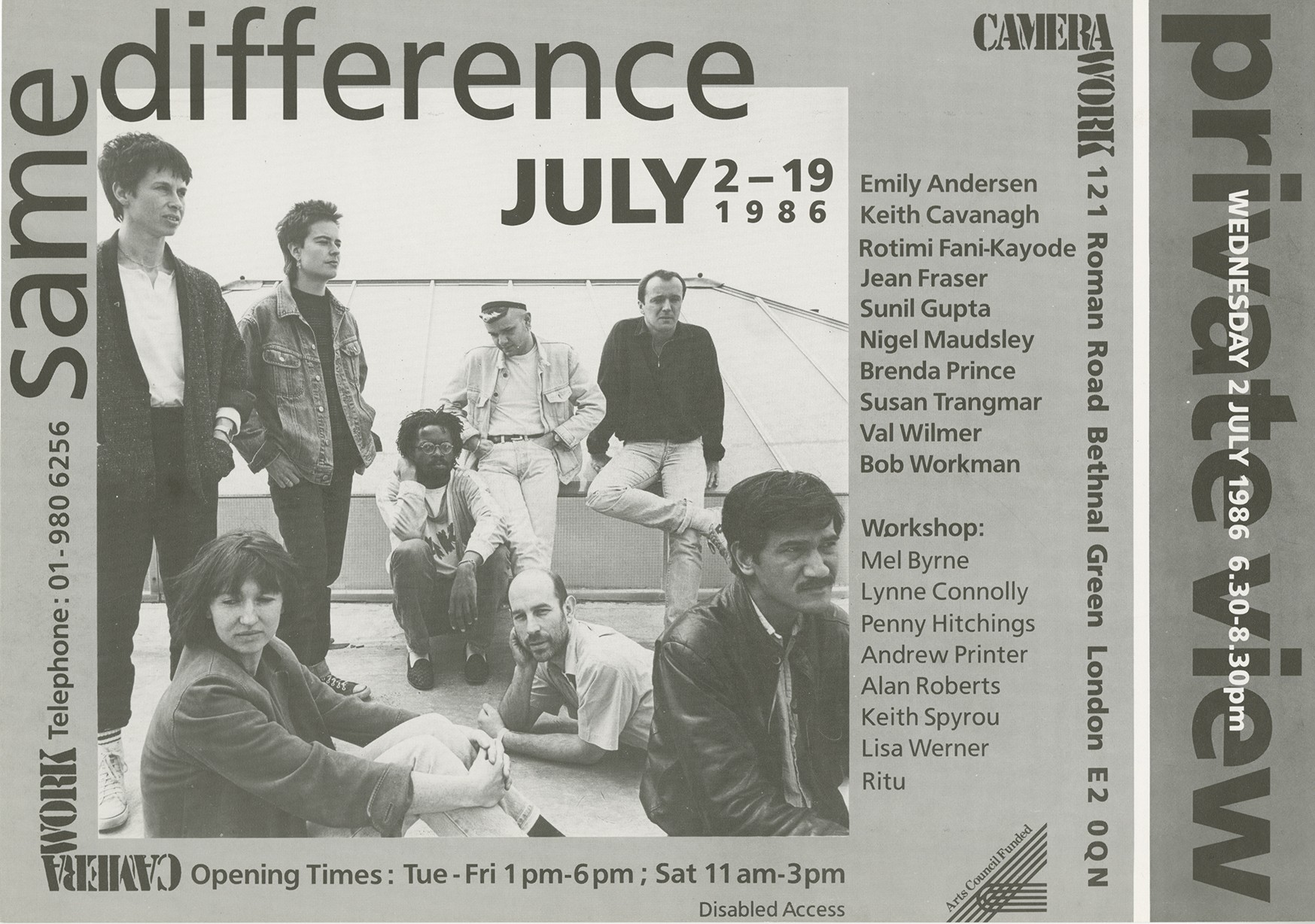 Monochrome poster for the Camerawork exhibition Same Difference. The poster features a photograph of eight people with neutral expressions, seated and standing.