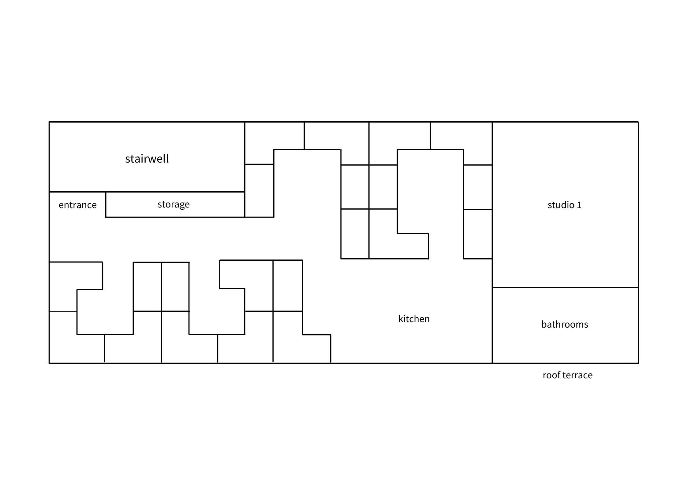 Four Corners co-working space floor plan. Black lines on a white background. On the top left is the stairwell. On the bottom left and centre top are the desks. On the right is the studio, bathrooms, and kitchen.